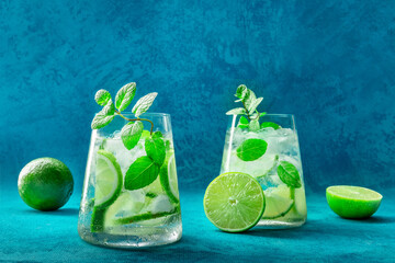 Lime lemonade, or limeade, in a glass with lime, mint, and plenty of ice. Fresh summer Mojito...