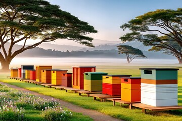 Naklejka premium Colorful beehives in a serene misty meadow surrounded by trees and flowers