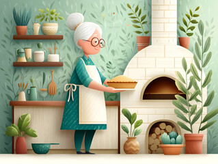 Grandmother making pie in kitchen in oven, old woman baking at home, elderly mother in apron prepares pizza or cake, home cooking, parental care