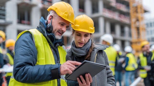Team of engineers reviewing architectural plans on construction