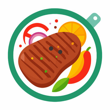 Grilled Steak Slices with Red Onions and Chili Pepper in Green Pan Food Illustration for Restaurant Menu and Diet Plan
