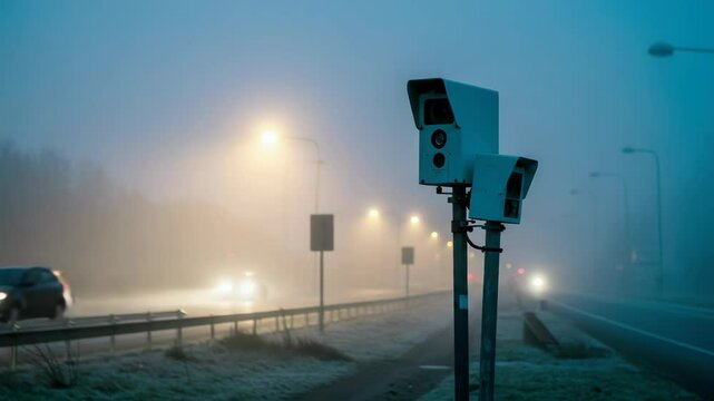 Speed camera on highway captures speeding vehicles, highlighting road safety measures. Speed camera monitors traffic on highway and prevents accidents.