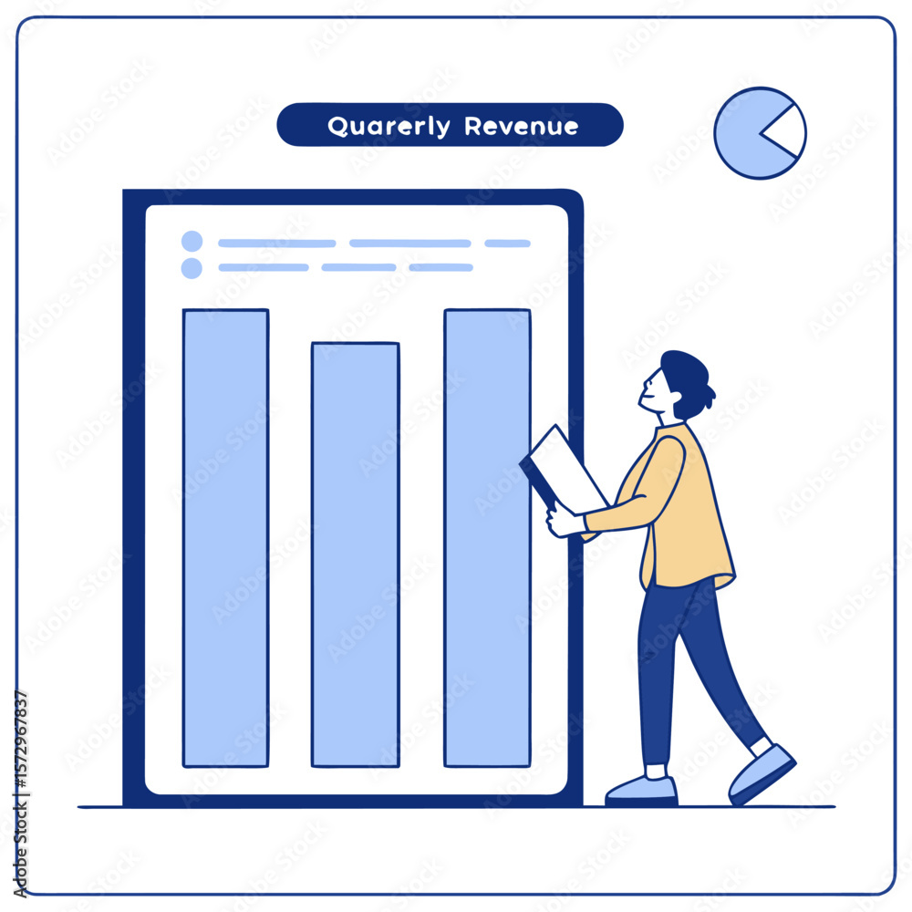 Poster a person stands next to a large digital display showing a bar graph with the title quarterly revenue