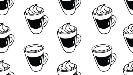 Black and white line art pattern of coffee cups with whipped cream drink beverage