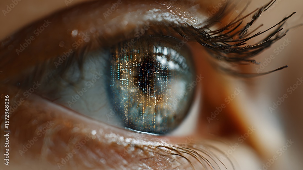 Poster close-up image of an eye with an intricate digital pattern reflected in the iris, blending organic b