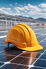 Yellow hard hat on solar panels under a bright blue sky