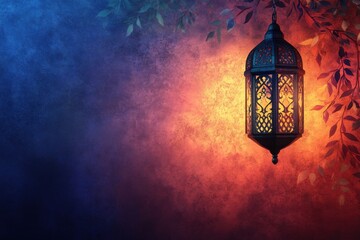 Lantern illuminating a vibrant background inspired by Islamic art and culture, Islamic Background With Lantern