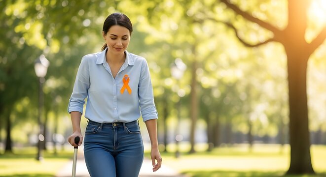 Woman with Multiple Sclerosis Awareness Ribbon Walking with Cane in Park