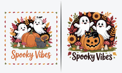 Fototapeta premium Spooky Vibes Halloween Ghosts with Pumpkins, Cats, and Sunflowers, Fall Design Perfect for T-shirts, Cards, and Seasonal Decorations
