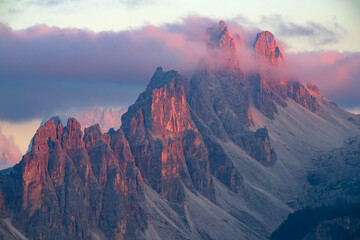 Impressive view of Croda da Lago mountain chain in beautiful sunset light
