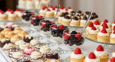 Naklejka premium An abundant dessert buffet features a variety of sweet treats including cupcakes tarts and fresh berries in elegant glassware creating a visually appealing celebration spread for parties