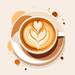 Latte Art in a White Cup with Heart Pattern on Beige Background and Decorative Sprinkles