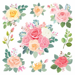 Assorted pastel rose bouquets and floral elements on white background flower