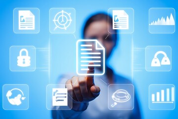 Woman Selecting Digital Document on Interactive Screen