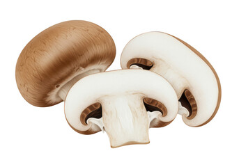Fototapeta premium Three brown mushrooms one whole and two slices isolated on transparent background