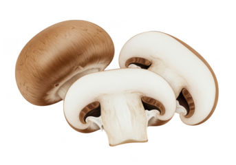 Three brown mushrooms one whole and two slices isolated on transparent background