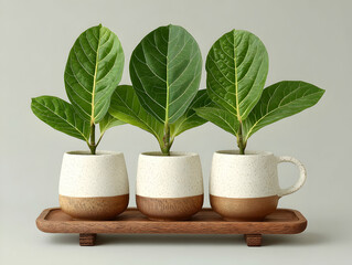 bouquet of green plants and branches with leaves in white mugs and glasses on white background isolated, for stylish kitchen interior design