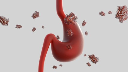 A 3d rendering of scattered leptin molecules and human stomach. The stomach is releasing hormones like leptin sends signals to brain, then influences your eating habits.