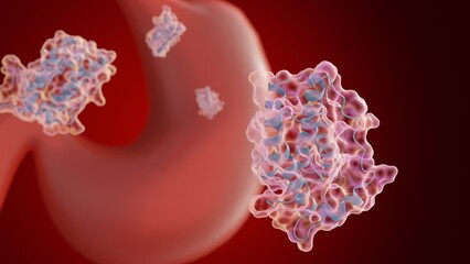 A 3d rendering of scattered leptin molecules and human stomach. The stomach is releasing hormones like leptin sends signals to brain, then influences your eating habits.