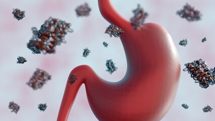 A 3d rendering of scattered leptin molecules and human stomach. The stomach is releasing hormones like leptin sends signals to brain, then influences your eating habits.