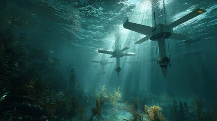 Tidal energy turbines underwater with marine life