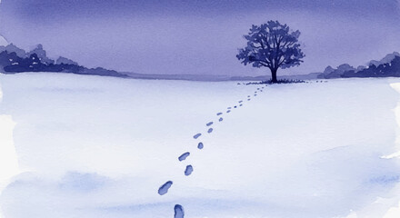 Footsteps in the Snow – Quiet Winter Watercolor Scene of Solitude and Dusk