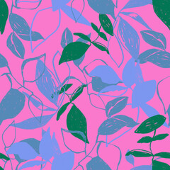 Vibrant botanical seamless repeating pattern with green and blue leaves and branches on a pink background
