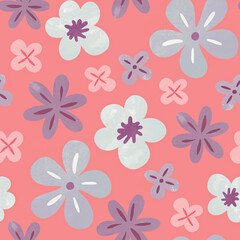 Seamless repeated pattern with cute lilac and coral flowers on a coral pink background	