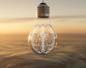 A light bulb with a circuit board inside is surrounded by geometric brain lines. Set against a warm, blurred sunrise background, symbolizing innovation, technology, and inspiration.