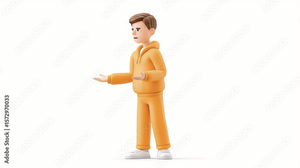 Poster animated character gesturing with confusion and uncertainty on white background