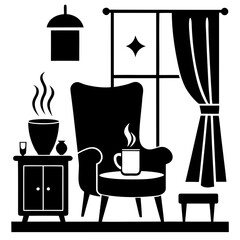 Cozy Room Silhouette with Candle and Steaming Coffee Mug Vector Art