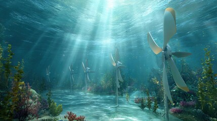 Tidal energy turbines underwater with marine life