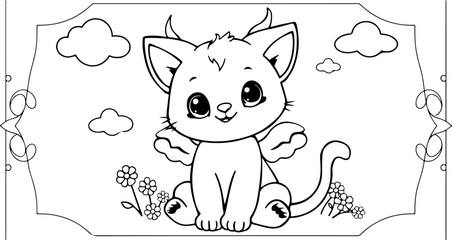  a black and white illustration of a cute dragon coloring page. 