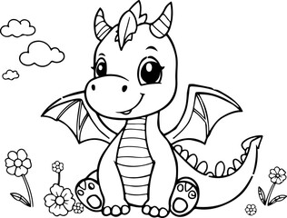  a black and white illustration of a cute dragon coloring page. 