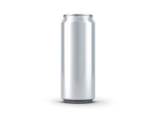 A tall, sleek, silver aluminum can stands upright against a clean white background, ready for your design