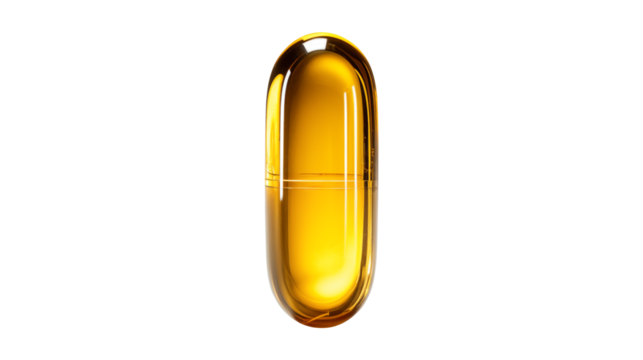 Golden capsule supplement isolated on transparent background represents health and wellness.