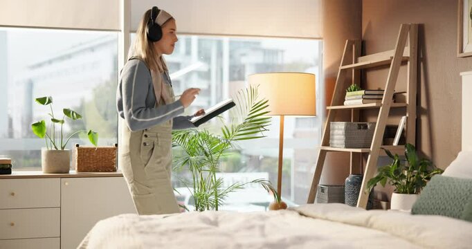 Student, headphones and dance with tablet, drawing and music for education and home project. Bedroom, thinking and gen z woman with tech, digital art and study for graphic design or elearning podcast