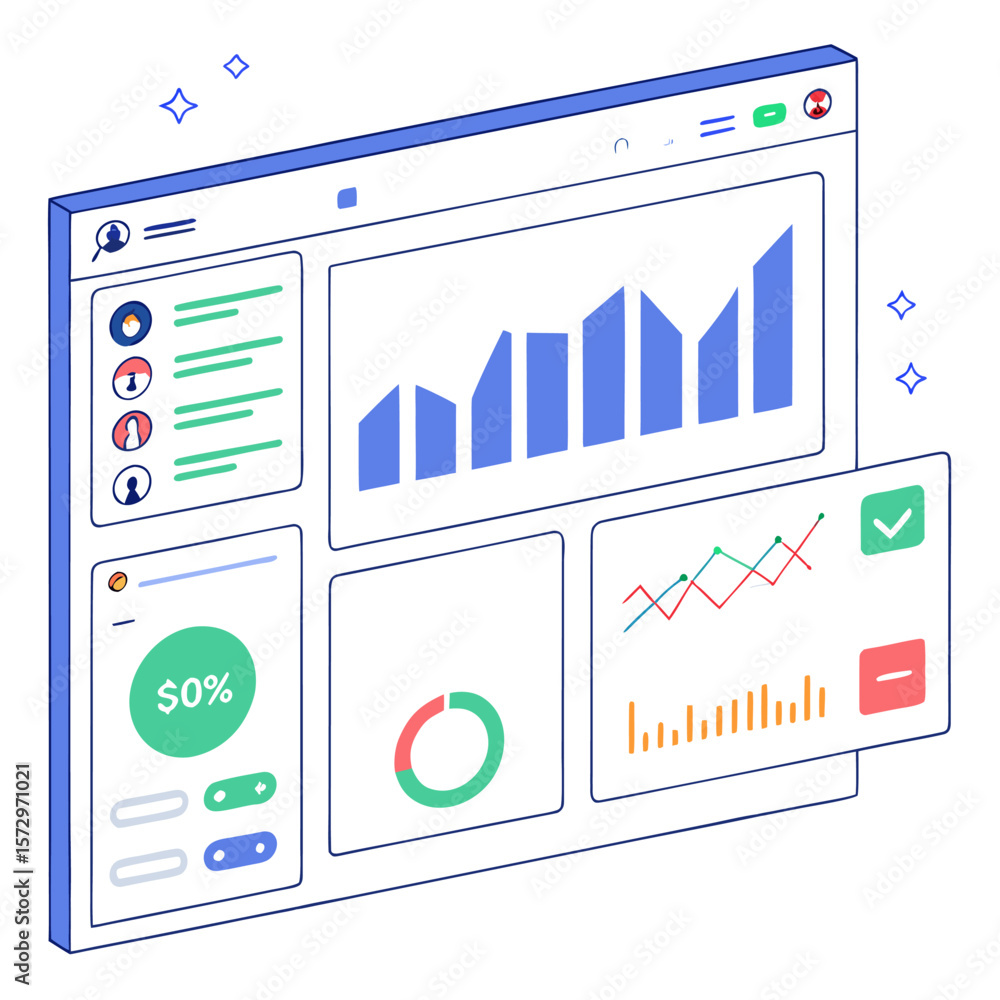 Poster modern digital dashboard interface showcasing financial data analytics with various charts including