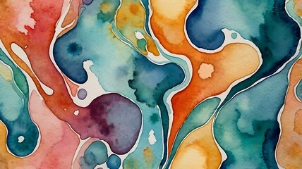 Abstract watercolor painting with flowing shapes and a rich palette of colors