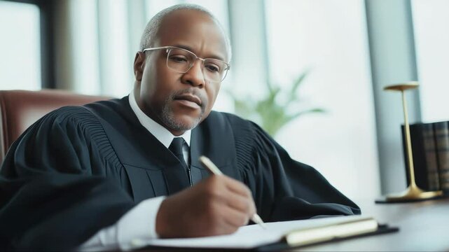 Serious african american judge in eyeglasses and robe sitting at table and writing on documents during trial in courtroom