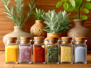 Spices in glass jars with wooden lids, kitchen interior design, home cooking food, salt seasoning aromatic herbs for baking and dishes
