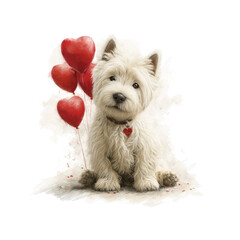 Adorable West Highland White Terrier Puppy with Heart Balloons for Valentine's Day