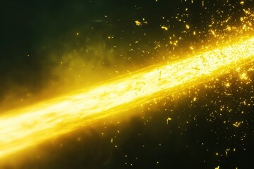 Fototapeta premium Bright yellow light beam with floating particles creates an ethereal atmosphere in a dark setting, yellow light beam and particles flying around