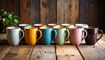 Colorful speckled ceramic mugs arranged in row on rustic wooden table with warm natural light and blurred wooden background creating cozy and inviting atmosphere