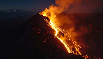 Volcanic eruption at night with glowing lava flowing down dark mountain slope, creating dramatic orange smoke and fiery molten rock illuminating crater