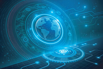 Futuristic technology background with glowing circle mesh and blue neon light effect. Future world backdrop design concept powered by AI artificial intelligence.