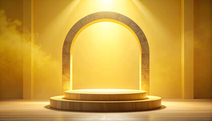 Golden glowing mist stage with stone arch and wooden platform illuminated by warm light in symmetrical clean space
