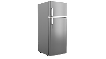 Shiny refrigerator appliance in silver color stands isolated on transparent background