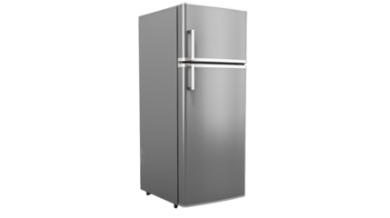 Shiny refrigerator appliance in silver color stands isolated on transparent background
