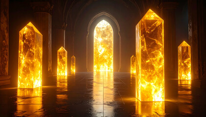 Glowing yellow crystal pillars illuminate dark ancient hall with reflective floor and arched doorway, creating mystical and symmetrical atmosphere filled with warm light